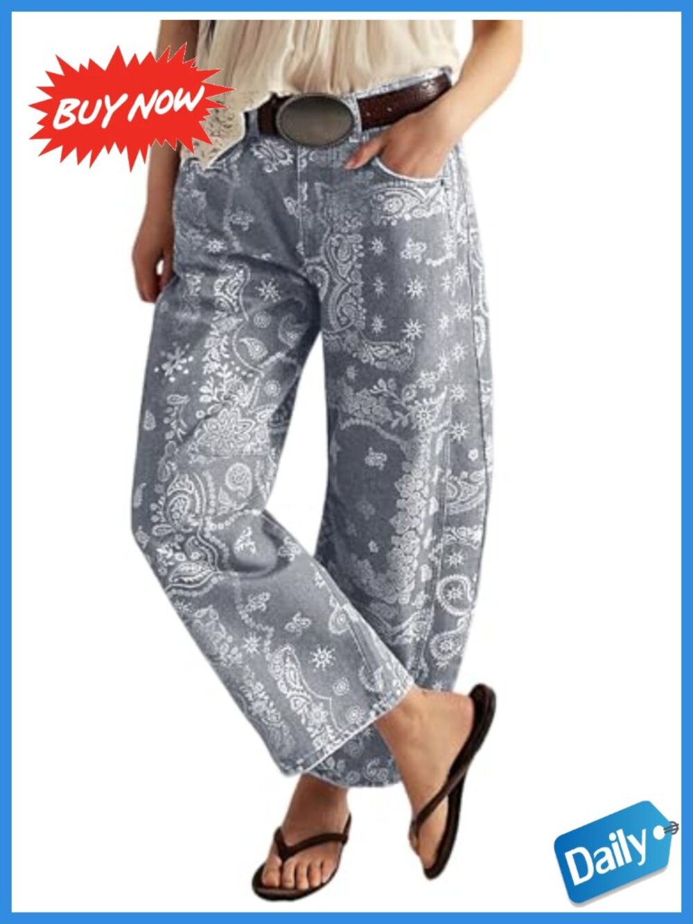 Womens Wide Leg Barrel Jeans Floral Denim Ankle Pants Mid Rise Boyfriend